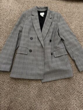 H&M Grey Plaid Double-Breasted Blazer